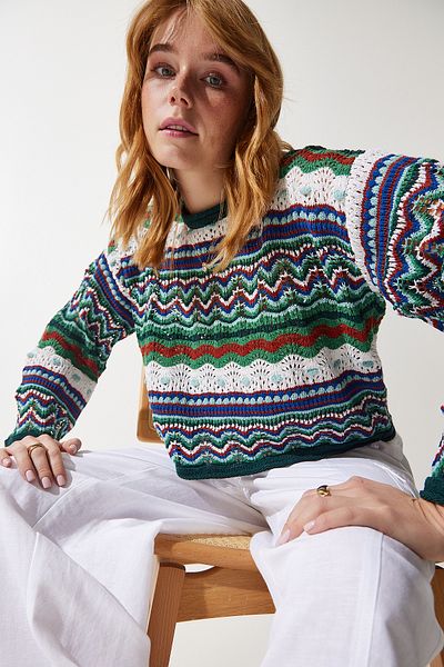 Happiness İstanbul Pulover de damă din tricot sezonier cu model verde crem MC00253