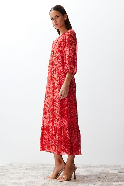 Trendyol Collection Pink Shawl Pattern Straight Cut Maxi Lined Chiffon Woven Dress TWOSS24EL00639