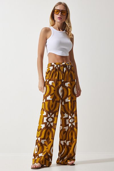 Happiness İstanbul Senfgelbe Palazzo-Hose aus fließender Viskose für Damen, gemustert, EN00606