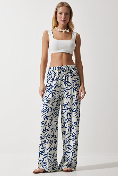 Happiness İstanbul Women's White Navy Blue Patterned Flowing Viscose Palazzo Trousers EN00606
