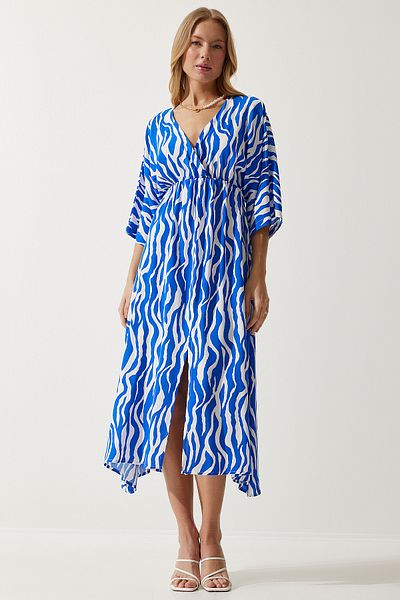 Happiness İstanbul Blau-weißes, tiefes V-Ausschnitt-Sommerkleid aus Viskose für Damen, lang, CI00081