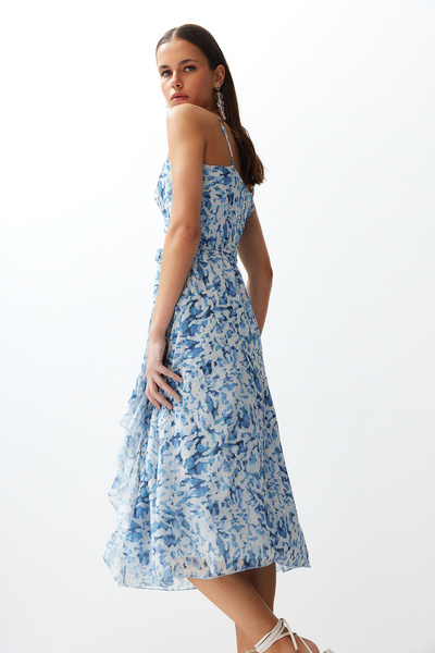 Trendyol Collection Kék állatmintás fodros szoknya sifon bélésű midi szőtt ruha TWOSS24EL00536