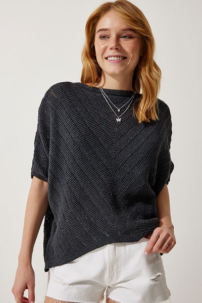 Happiness İstanbul Women's Anthracite Openwork Bat Knitwear Blouse YU00013