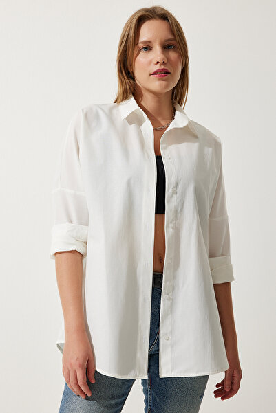 Happiness İstanbul Kadın Ekru Oversize Uzun Basic Gömlek DD00842