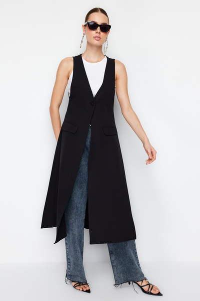 Trendyol Collection Чорний приталений довгий тканий жилет TWOSS24YE00036