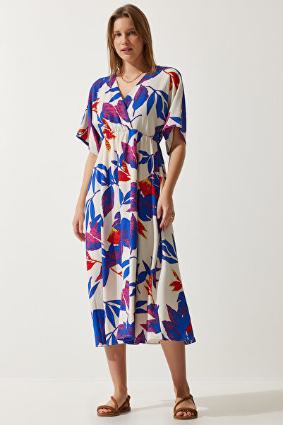 Happiness İstanbul Women's Ecru Blue Wraped Collar Patterned Knitted Dress DK00167