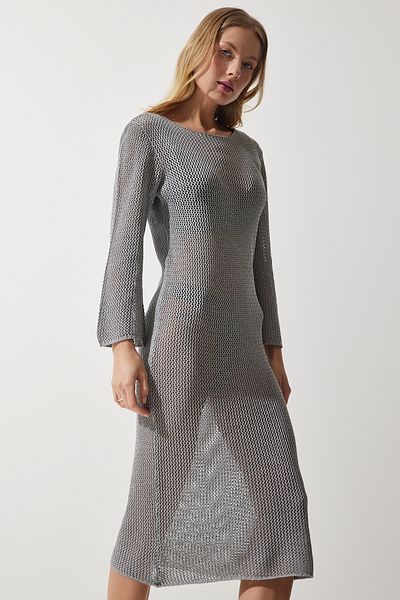 Happiness İstanbul Graues, durchsichtiges, langes Strickkleid für Damen PF00064