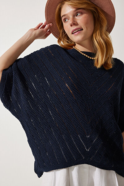 Happiness İstanbul Γυναικεία μπλούζα πλέξη νυχτερίδας μπλέ Navy Screen YU00013