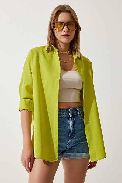 Happiness İstanbul Dámská olejově zelená oversize dlouhá základní košile DD00842