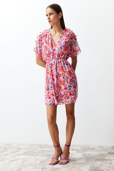 Trendyol Collection Pink Floral Patterned Waist-Opening Ruffle Detailed Lined Chiffon Mini Woven Dress TWOSS24EL00638
