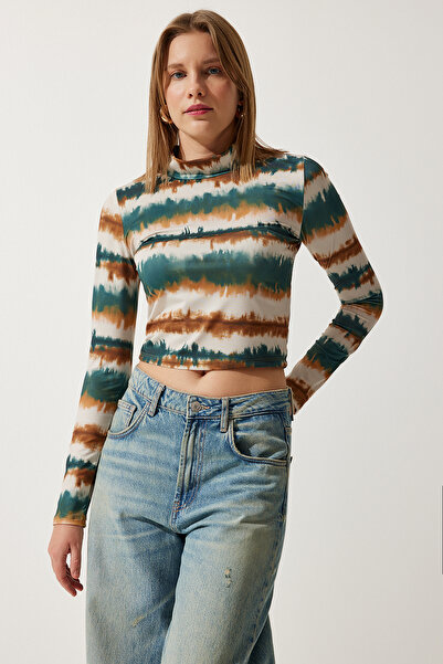 Happiness İstanbul Bluză tricotată crop pentru femei, crem, verde închis, cu model NJ00136