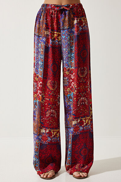 Happiness İstanbul Női piros kék mintás folyós viszkóz Palazzo nadrág EN00606