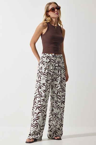 Happiness İstanbul Palazzo-Hose aus fließender Viskose in Ecru-Braun mit Muster EN00606 für Damen