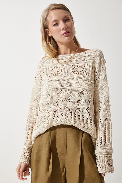 Happiness İstanbul Cremefarbener saisonaler Strickpullover für Damen YU00014