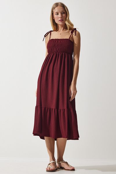 Happiness İstanbul Burgunderrotes Crinkle-Strickkleid für Damen mit Trägern, UB00250
