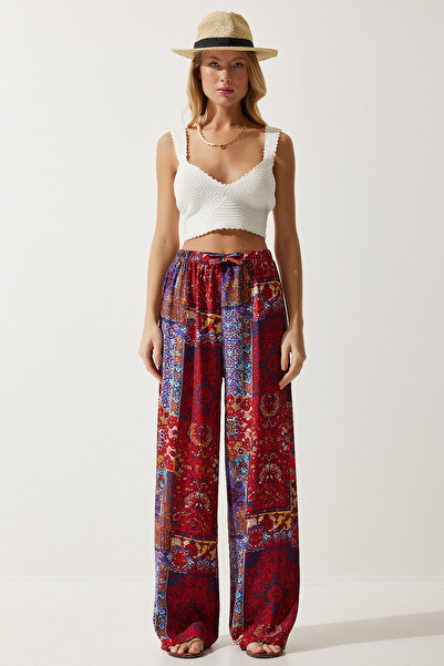 Happiness İstanbul Női piros kék mintás folyós viszkóz Palazzo nadrág EN00606