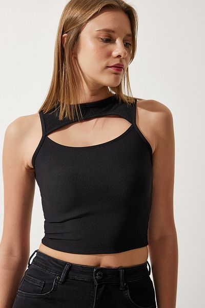 Happiness İstanbul Women's Black Cut Out Detailed Ribbed Crop Knitted Blouse KH00089