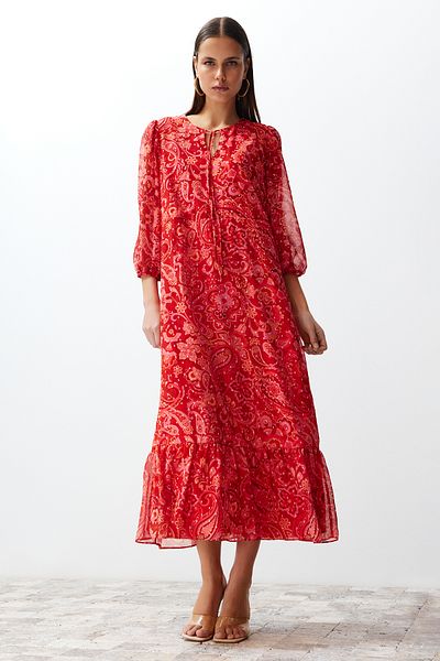 Trendyol Collection Pink Shawl Pattern Straight Cut Maxi Lined Chiffon Woven Dress TWOSS24EL00639