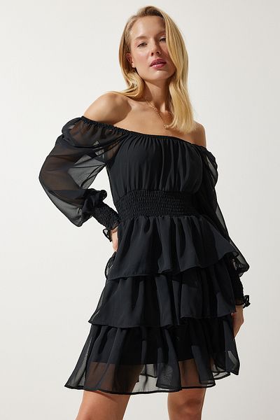 Happiness İstanbul Women's Black Flounce Chiffon Dress DK00168