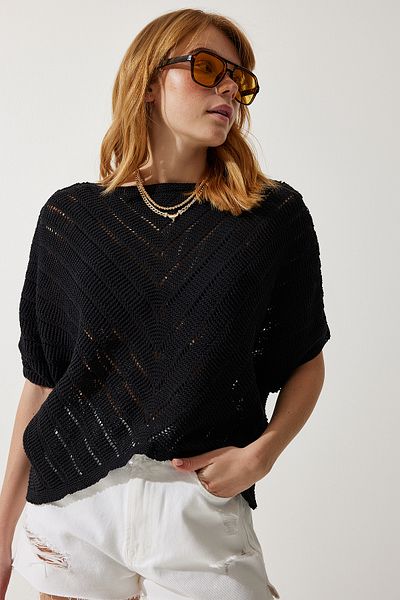 Happiness İstanbul Schwarze Strickbluse mit Fledermausmotiv für Damen YU00013
