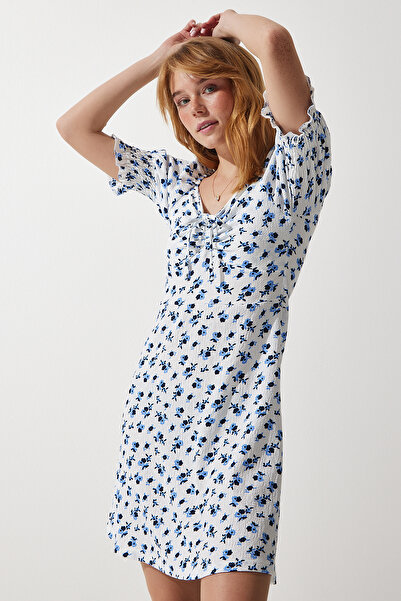 Happiness İstanbul Damska biała dzianinowa sukienka ze sznurkiem i dekoltem w kształcie litery V ZV00267