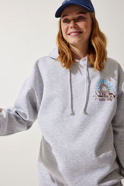 Happiness İstanbul Women's Gray Hooded Knitted Sweatshirt UB00251