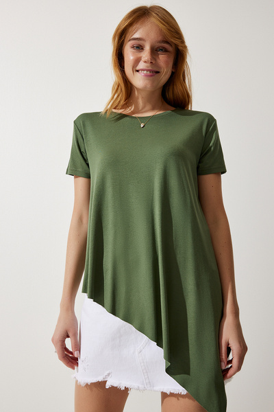 Happiness İstanbul Khaki Viscose Asymmetrical Women's T-shirt - En00599
