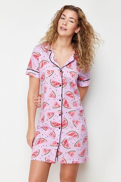 Trendyol Collection Watermelon Patterned Pink Knitted Nightgown - 100% Cotton, Piping THMSS24GC00010