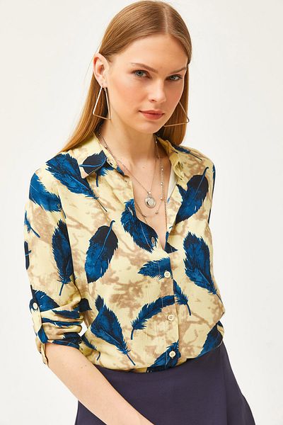 Olalook Women's Yellow Leaf Woven Viscose Shirt GML-19001181