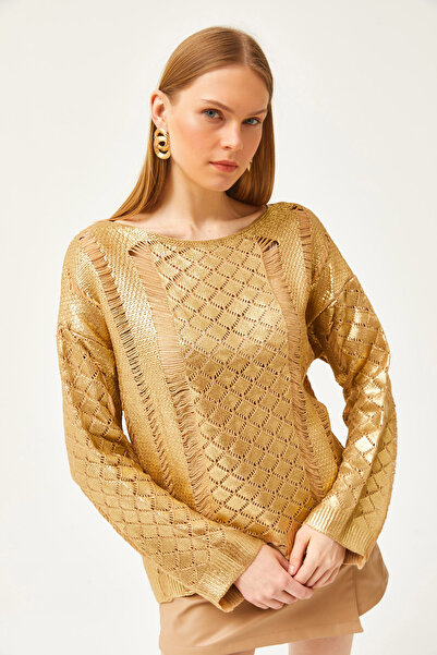 Olalook Γυναικεία χρυσή διάτρητη φαρδιά μεταλλική πλεκτή μπλούζα BLZ-19002529