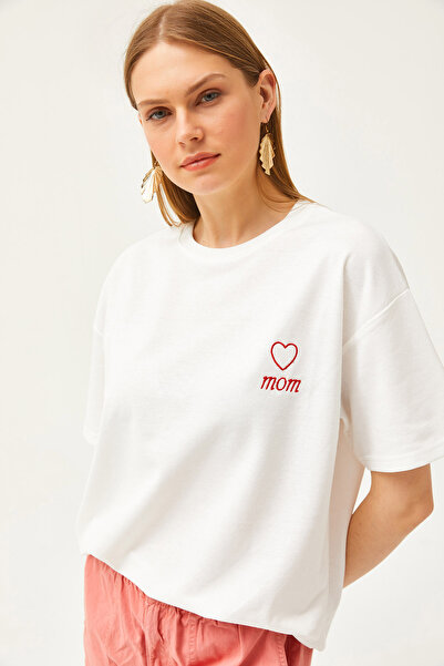 Olalook Γυναικείο εκρού μαμά μπλουζάκι υπερμεγέθη με 2 κλωστές TSH-19000785