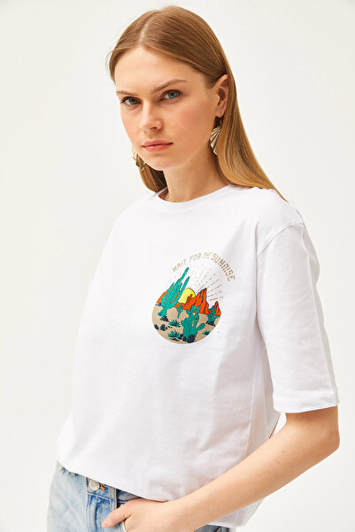 Olalook Γυναικείο T-Shirt εκρού εμπρός πίσω Sunset printed TSH-19000779