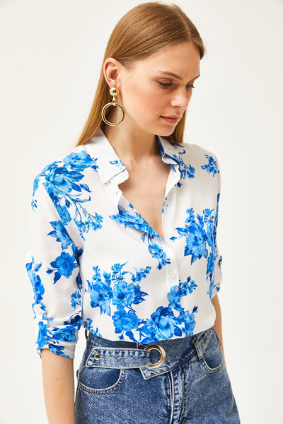 Olalook Dámská modrá velká květinová tkaná košile GML-19001182