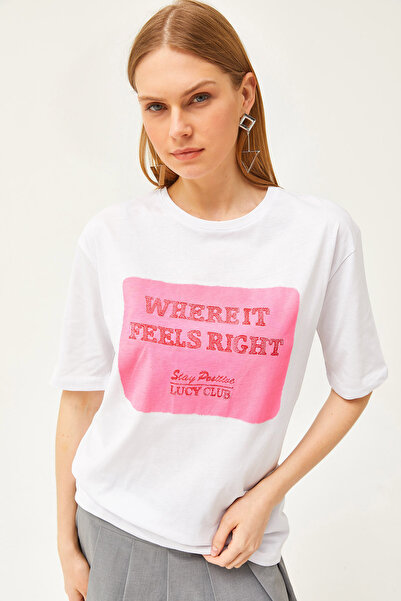 Olalook Γυναικείο TSH-19000782 μπλουζάκι με στάμπα εκρού με άνετη εφαρμογή