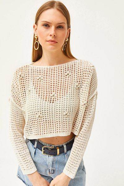 Olalook Women's Ecru Bead Detailed Openwork Cotton Knitwear Blouse BLZ-19002534