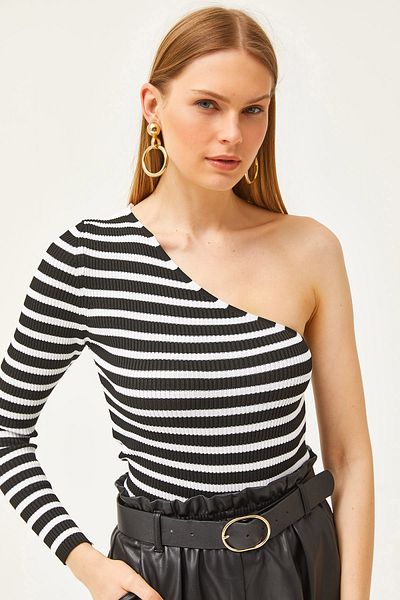 Olalook Women's Striped Black One Shoulder Waist Top Crop Knitwear Blouse BLZ-19001638