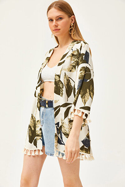 Olalook Kimono tricotat casual cu ciucuri, verde piatră, pentru femei KMN-00000056