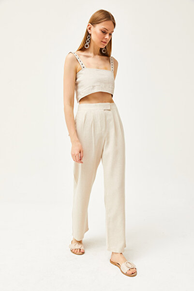 Olalook Kadın Taş Cırtlı Pileli Palazzo Keten İçerikli Pantolon PNT-19000260