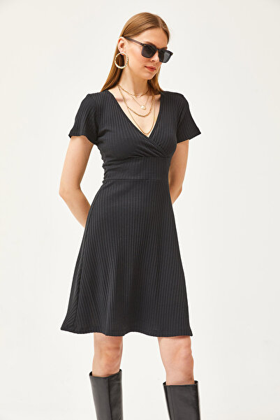 Olalook Dámské černé dvouřadé límce s krátkým rukávem, mini rozšířené šaty ELB-19002059