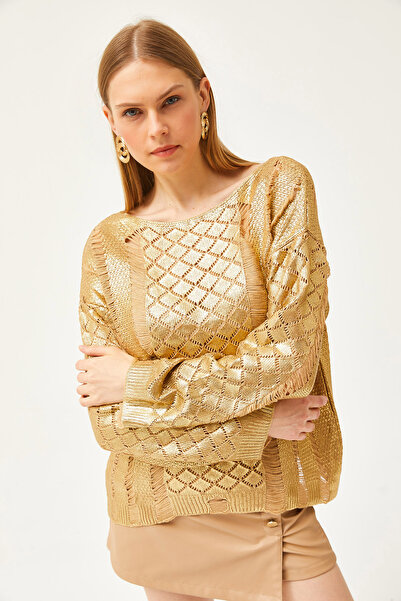 Olalook Γυναικεία χρυσή διάτρητη φαρδιά μεταλλική πλεκτή μπλούζα BLZ-19002529