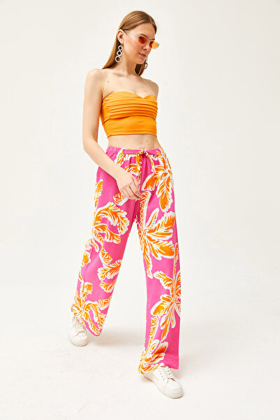 Olalook Γυναικείο λινό Palazzo Παντελόνι με Φούξια-Πορτοκαλί σχέδιο PNT-19000262
