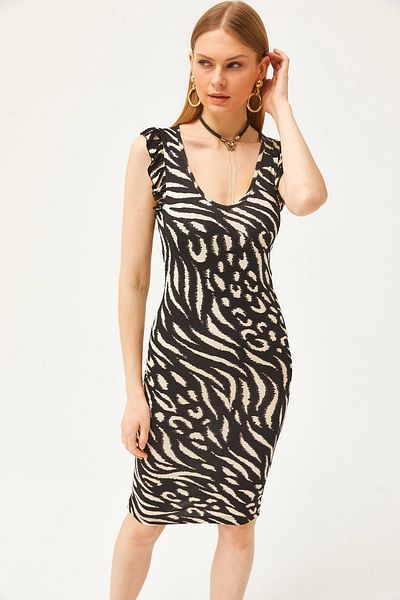 Olalook Γυναικείο φόρεμα Zebra Black με V λαιμόκοψη βολάν ώμου Crystal Viscose ELB-19002060