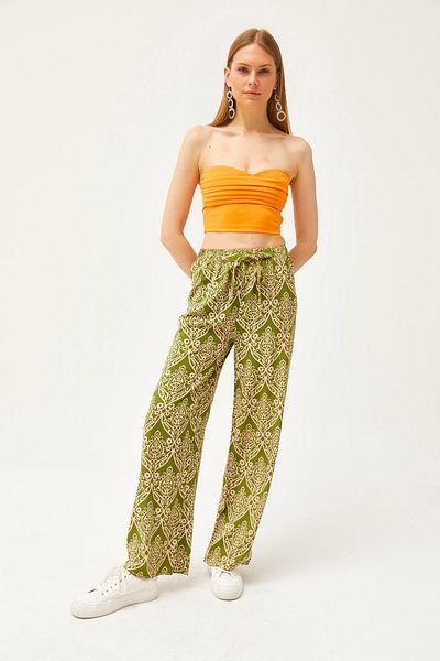 Olalook Women's Shawl Khaki Patterned Woven Viscose Palazzo Trousers PNT-19000264