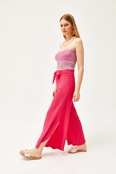 Olalook Kadın Fuşya Kuşaklı Yanları Yırtmaçlı Örme Pantolon PNT-19000265