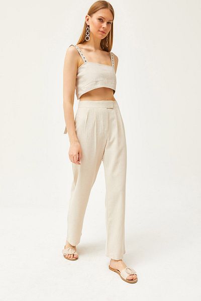 Olalook Damen Palazzo-Hose mit Klettverschluss und Falten in Steinoptik, Leinenanteil PNT-19000260