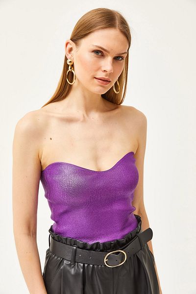 Olalook Damen-Strickbluse mit trägerlosem, lila Kiss-Kragen und Metallic-Muster BLZ-19002454