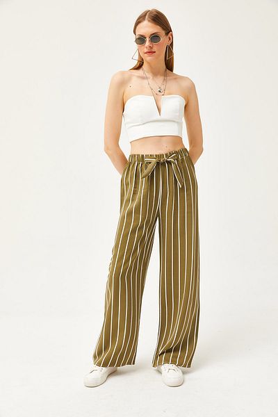 Olalook Women's Striped Khaki Patterned Woven Viscose Palazzo Trousers PNT-19000264