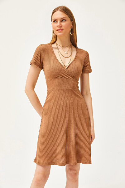 Olalook Kadın Camel Kruvaze Yaka Kısa Kollu Mini Kloş Elbise ELB-19002059