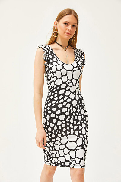 Olalook Women's Stone White V-Neck Shoulder Ruffle Crystal Viscose Dress ELB-19002060