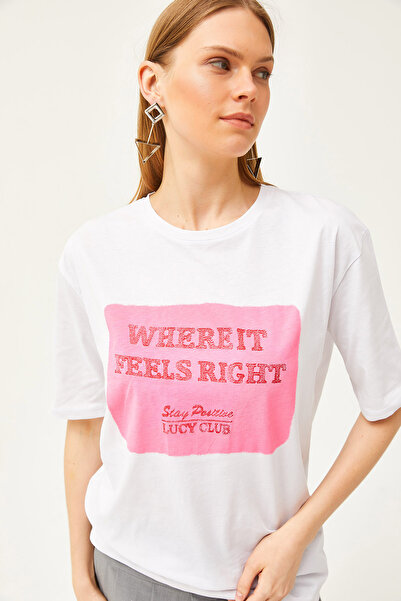 Olalook Γυναικείο TSH-19000782 μπλουζάκι με στάμπα εκρού με άνετη εφαρμογή